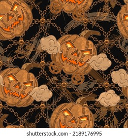 Seamless halloween pattern in steampunk style with copper halloween pumpkin, rusty gears, rough chains. Textured black background with grunge paint brush strokes, smears. Creative fantasy concept.