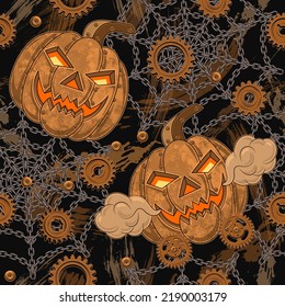 Seamless halloween pattern in steampunk style with copper halloween pumpkin, rusty gears, rough steel chains. Textured black background with grunge paint brush strokes, smears Creative fantasy concept