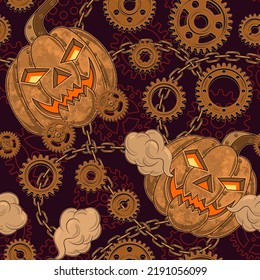 Seamless halloween pattern in steampunk style with copper halloween pumpkin, rusty gears, rough chains. Textured dark red background with contour gears wheels. Creative fantasy concept.