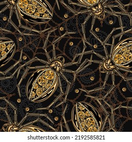 Seamless halloween pattern in steampunk style with gold metallic spiders, spider web of copper rough chains, outline gears behind, rivets. Creative fantasy concept