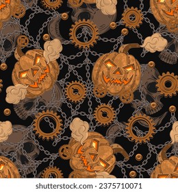 Seamless halloween pattern in steampunk style with copper halloween pumpkin, rusty gears, rough steel chains, skulls, spider web. Creative fantasy concept