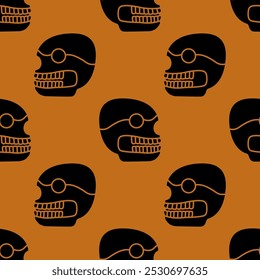 Seamless Halloween pattern with stylized human skulls. Native American design of Aztec Indians. Skeleton head. Black silhouettes on orange background.