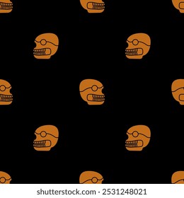 Seamless Halloween pattern with stylized human skulls. Native American design of Aztec Indians. Skeleton head. Orange silhouettes on black background.