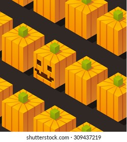 Seamless Halloween pattern of stylized isometric cartoon pumpkins, one with carved face.