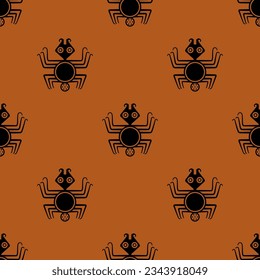 Seamless Halloween pattern with stylized spiders. Native American ethnic animal design of Mochica Indians of ancient Peru. Moche symbol. Black silhouettes on orange background.