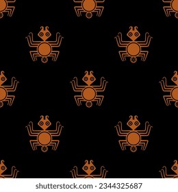 Seamless Halloween pattern with stylized spiders. Native American ethnic animal design of Mochica Indians of ancient Peru. Moche symbol. Orange silhouettes on black background.