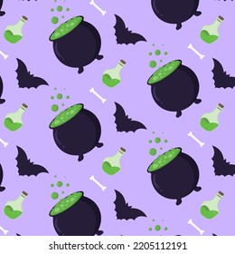 Seamless Halloween pattern with thematic elements .Spooky season design for textile, print, wrapping paper and festive decoration.Vector illustration
