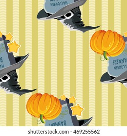 Patrón de Halloween sin inconvenientes con sombrero de lápida y vector de calabaza Ilustración EPS8