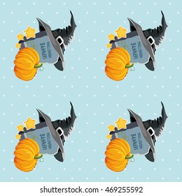 Patrón de Halloween sin inconvenientes con sombrero de lápida y vector de calabaza Ilustración EPS8