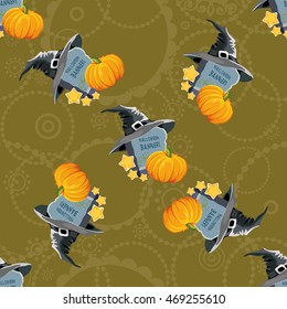 Seamless Halloween pattern with tombstone hat and pumpkin Vector Illustration EPS8