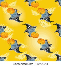 Seamless Halloween pattern with tombstone hat and pumpkin Vector Illustration EPS8