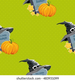Seamless Halloween pattern with tombstone hat and pumpkin Vector Illustration EPS8