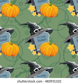 Seamless Halloween pattern with tombstone hat and pumpkin Vector Illustration EPS8