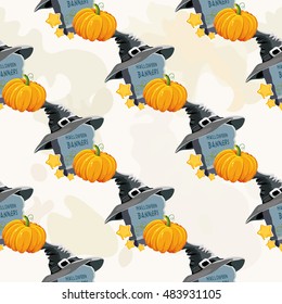 Seamless Halloween pattern with tombstone hat and pumpkin Vector Illustration EPS8