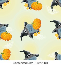 Seamless Halloween pattern with tombstone hat and pumpkin Vector Illustration EPS8