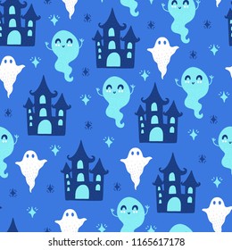 Seamless halloween pattern. Vector background with ghost and castle. Design for prints, shirts and posters.