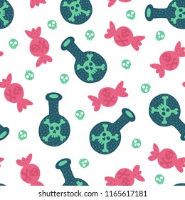 Seamless halloween pattern. Vector background with candy and elixir. Design for prints, shirts and posters.