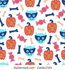 Seamless halloween pattern. Vector background with pumpkin and bone. Design for prints, shirts and posters.