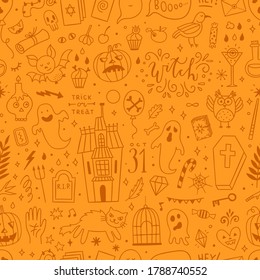 Seamless Halloween pattern. Vector Halloween background with holiday symbols: pumpkin, ghost, cat, skull