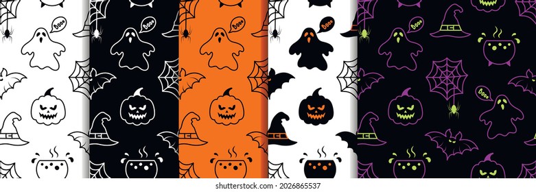 Seamless halloween pattern. Vector background with pumpkins, cobwebs, spiders, bats, ghosts, witch hats and cauldrons. Illustration for printing on wrapping paper, invitations and fabric
