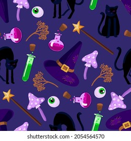 Seamless Halloween pattern. Vector background with different elements. Design for prints, shirts and posters.