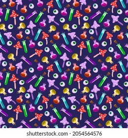 Seamless Halloween pattern. Vector background with different elements. Design for prints, shirts and posters.