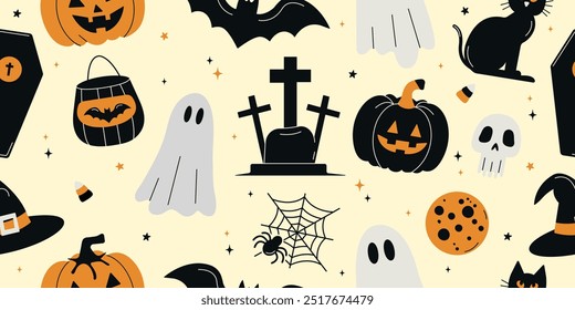 Seamless Halloween pattern. Vector background with hand-drawn elements of a bat, a ghost, a pumpkin, a hat.