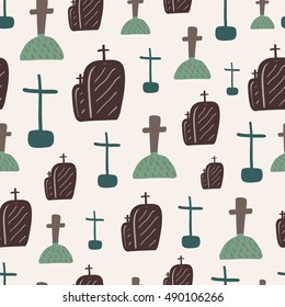 Seamless Halloween pattern. Vector background with different elements. Design for prints, shirts and posters.