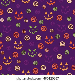 Seamless Halloween pattern. Vector background with different elements. Design for prints, shirts and posters.