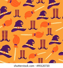 Seamless Halloween pattern. Vector background with different elements. Design for prints, shirts and posters.