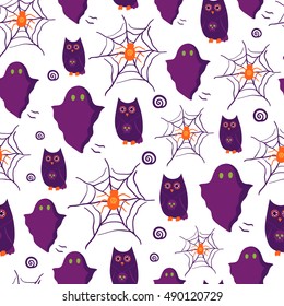 Seamless Halloween pattern. Vector background with different elements. Design for prints, shirts and posters.