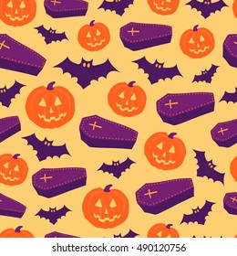 Seamless Halloween pattern. Vector background with different elements. Design for prints, shirts and posters.