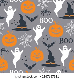 Seamless Halloween pattern. Vector illustration of Halloween party. Ghost, spider web and pumpkin on a gray background. Halloween vector seamless pattern.