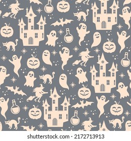 Seamless Halloween pattern. Vector illustration of Halloween party. Silhouette of ghost, cat, witch, pumpkin, bat and castle. Vector cartoon seamless pattern.