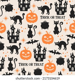 Seamless Halloween pattern. Vector illustration of Halloween party. Black cat, bat, castle and pumpkin on a light background. Vector cartoon seamless pattern.