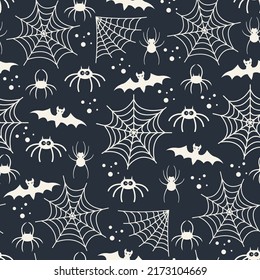 Seamless Halloween pattern. Vector illustration of Halloween party. Silhouette spider web, spider and bat on a dark background. Vector cartoon seamless pattern.