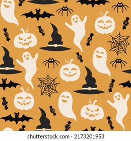 Seamless Halloween pattern. Vector illustration of Halloween party. Ghost, bat, spider web, spider, witch hat and pumpkin on a yellow background. Vector cartoon seamless pattern.