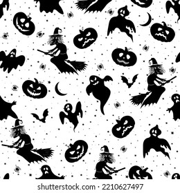 Seamless Halloween pattern. Vector illustration of Halloween party.  Flying old witch, spider, ghost, bat and pumpkin. Vector cartoon seamless pattern.