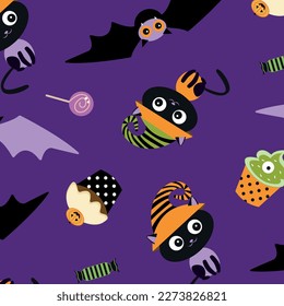Seamless Halloween pattern. Vector illustration of Halloween party. Bat, black cat and cakes,sweets. Vector cartoon seamless pattern.	
