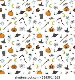 Seamless Halloween pattern. Vector illustration of Halloween party. Spider web, spider, ghost, bat, and pumpkin. Vector cartoon seamless pattern.