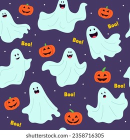 Seamless Halloween pattern. Vector illustration of Halloween party. Ghost and pumpkin.