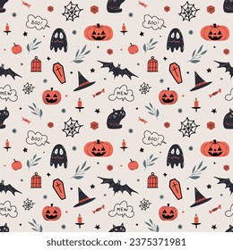 Seamless Halloween pattern. Vector illustration of Halloween party. Spider, ghost, bat, black cat and pumpkins. Vector cartoon seamless pattern. Pattern for wallpaper, textile, print.