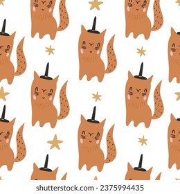 Seamless Halloween pattern. Vector illustration of Halloween party. Black cat, spider web and pumpkin on a light background. Halloween vector seamless pattern.