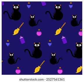 Seamless Halloween pattern. Vector illustration of Halloween party. Black cat, broom, potion, candle on a dark background. Vector cartoon seamless pattern.
