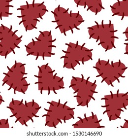Seamless Halloween pattern with voodoo hearts - red hearts with stitches, isolated on white, voodoo symbols. Design for greeting card, gift box, wallpaper, fabric, web design.