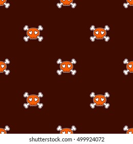 Seamless Halloween pattern. Wallpaper with orange skulls on brown background. Tileable backdrop with Halloween symbols. Vector illustration.