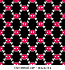 Seamless Halloween pattern. Wallpaper with pink skulls on black background. Tileable backdrop with Halloween symbols. Vector illustration.