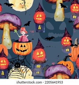 Seamless Halloween pattern in watercolor style.