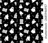 Seamless Halloween pattern with white ghosts, gravestones, and stars on black background. Perfect for textile, wallpaper, wrapping paper, invitations, spooky decorations, and holiday design.