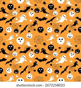 Patrón de Halloween sin fisuras con fantasmas blancos, cráneos, murciélagos, calabazas, arañas, Web y estrellas sobre un fondo naranja: un diseño estacional audaz, espeluznante y festivo.